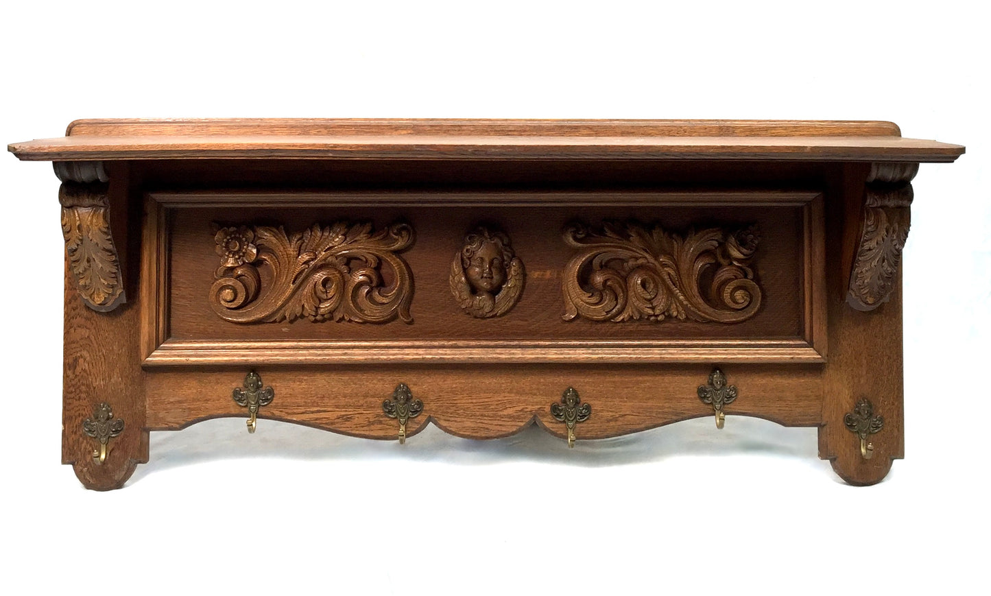Antique Large Entrance Hall Wooden Oak Wall Mounted Coat Rack & Shelf c.1900