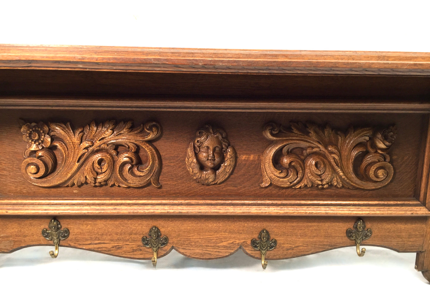 Antique Large Entrance Hall Wooden Oak Wall Mounted Coat Rack & Shelf c.1900