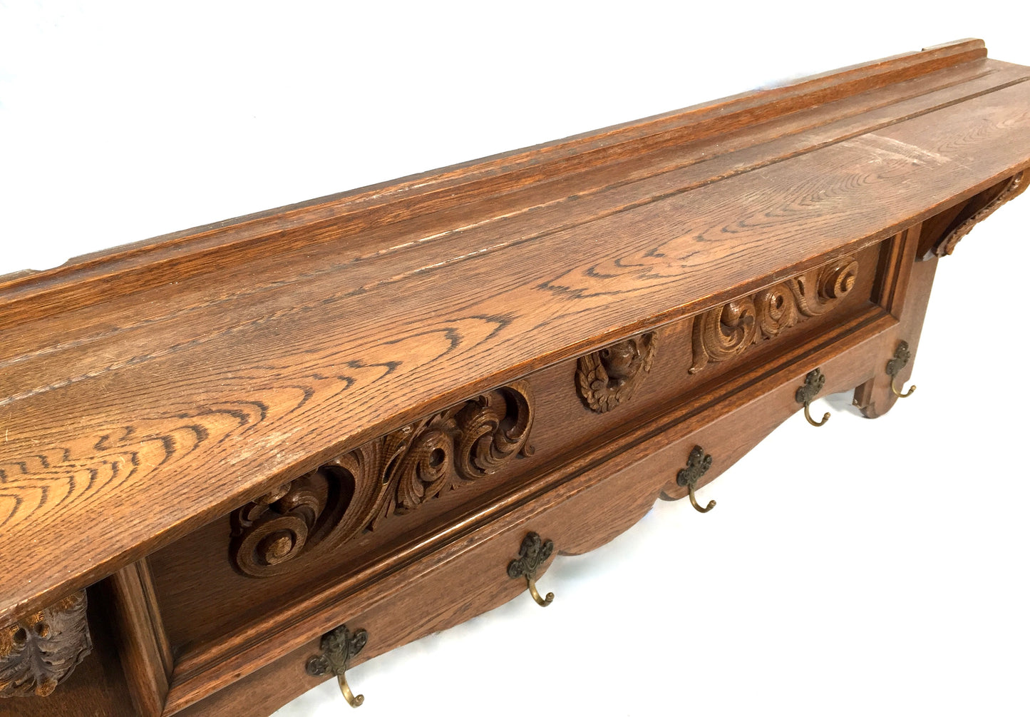 Antique Large Entrance Hall Wooden Oak Wall Mounted Coat Rack & Shelf c.1900