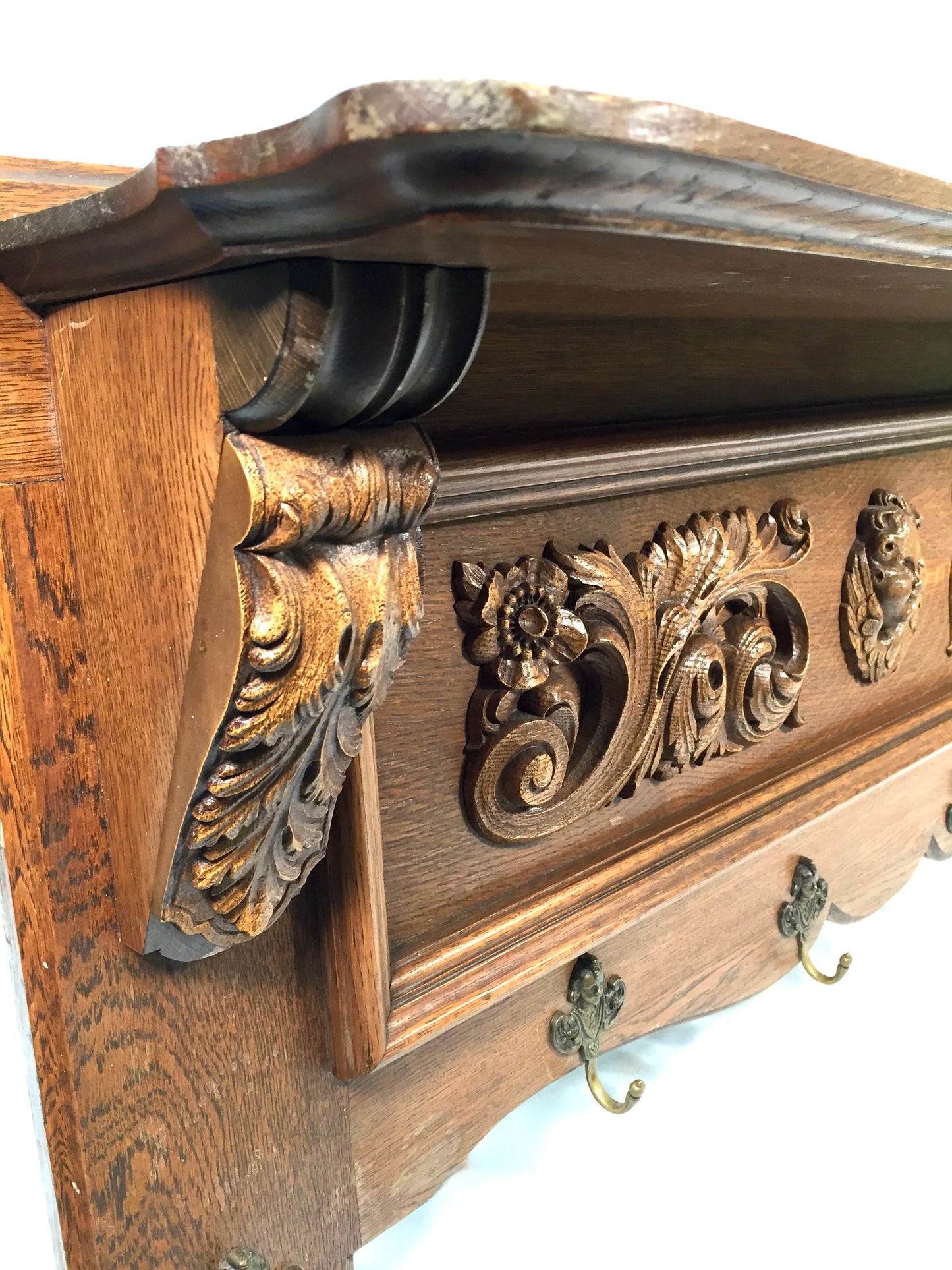 Antique Large Entrance Hall Wooden Oak Wall Mounted Coat Rack & Shelf c.1900
