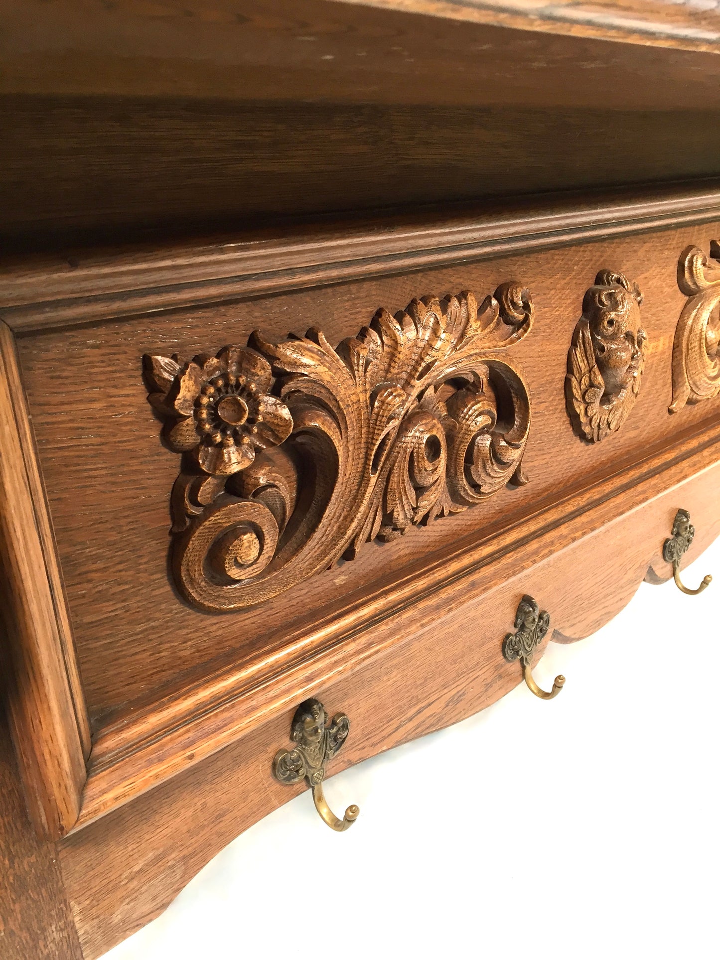 Antique Large Entrance Hall Wooden Oak Wall Mounted Coat Rack & Shelf c.1900
