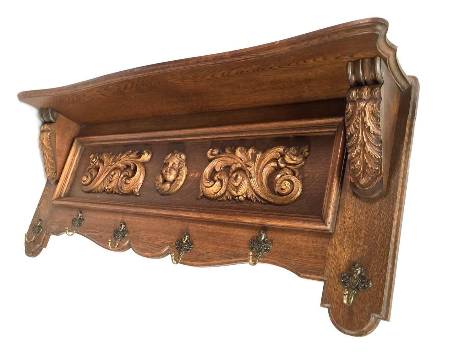 Antique Large Entrance Hall Wooden Oak Wall Mounted Coat Rack & Shelf c.1900