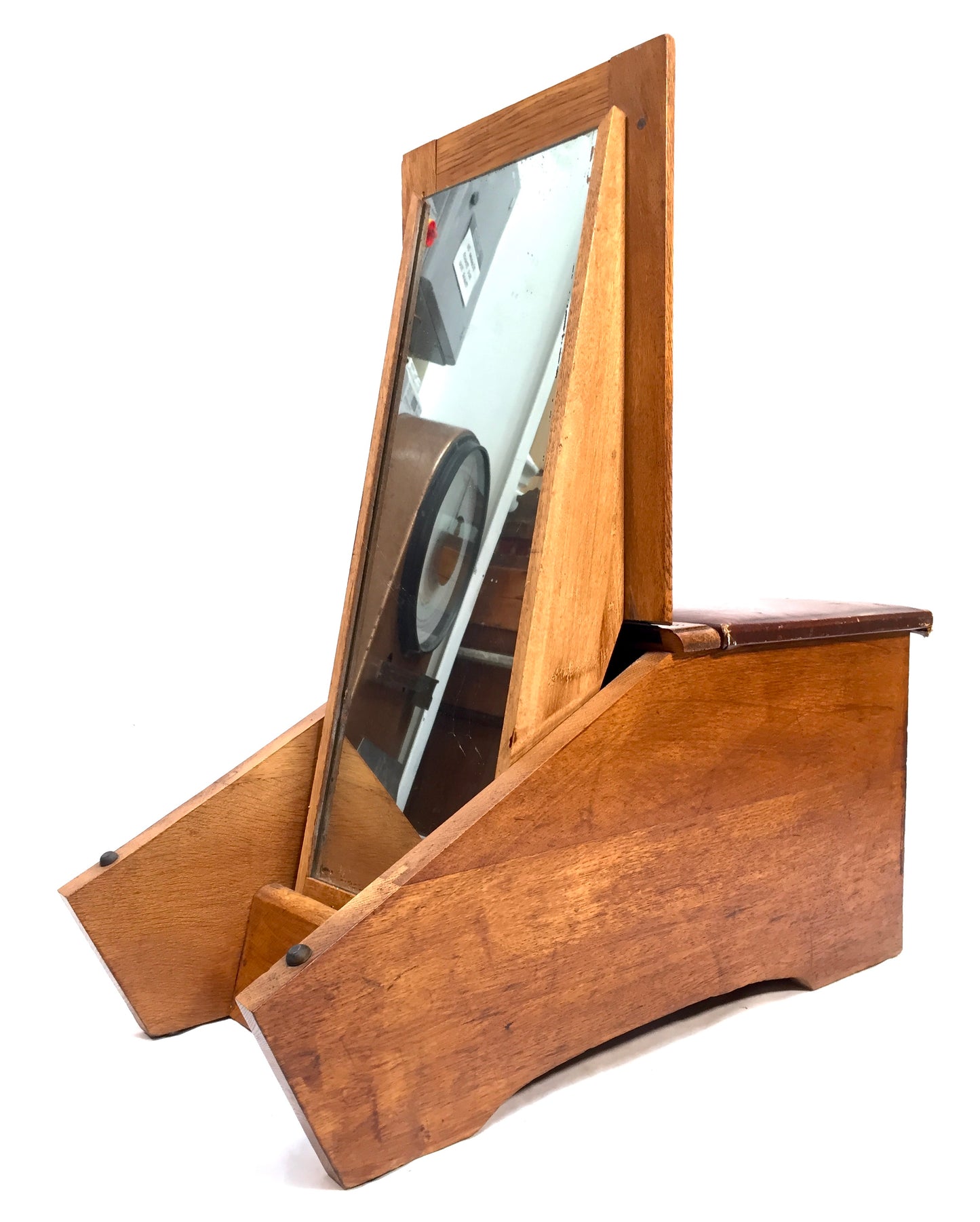 Antique Wooden Oak 1930s Shoe Shine / Shop Used Try On Seat / Box with Mirror