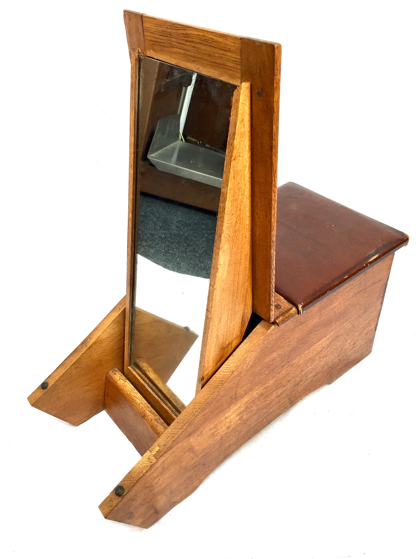 Antique Wooden Oak 1930s Shoe Shine / Shop Used Try On Seat / Box with Mirror