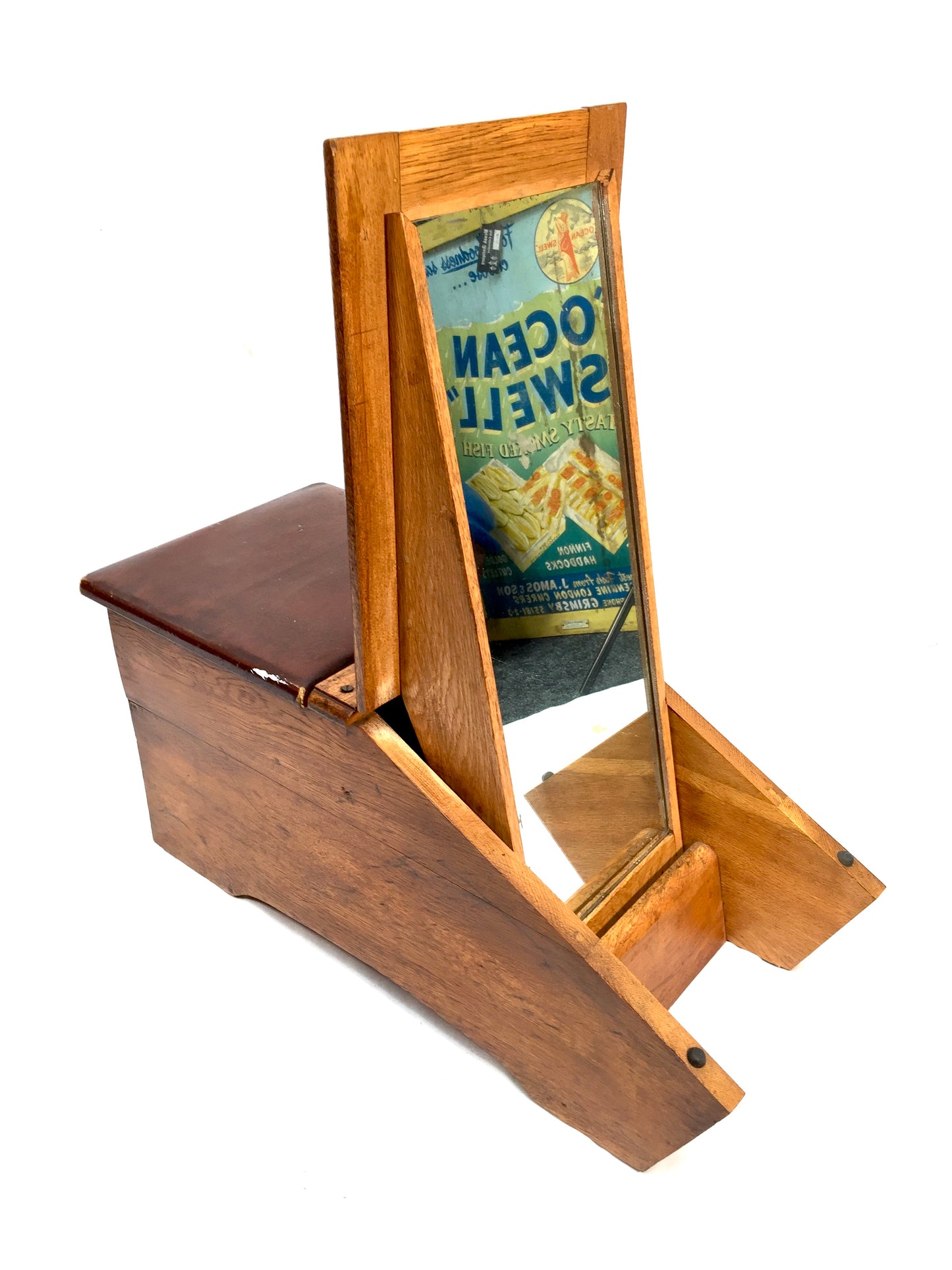 Antique Wooden Oak 1930s Shoe Shine / Shop Used Try On Seat / Box with Mirror
