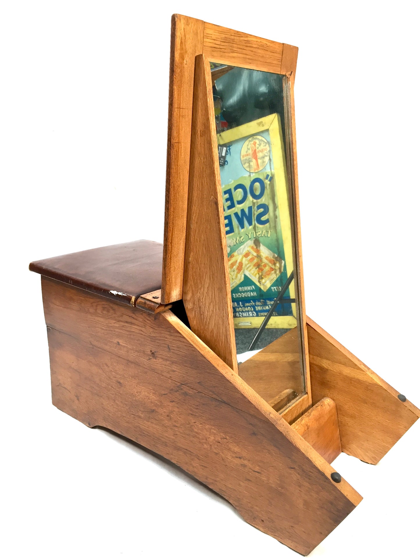 Antique Wooden Oak 1930s Shoe Shine / Shop Used Try On Seat / Box with Mirror