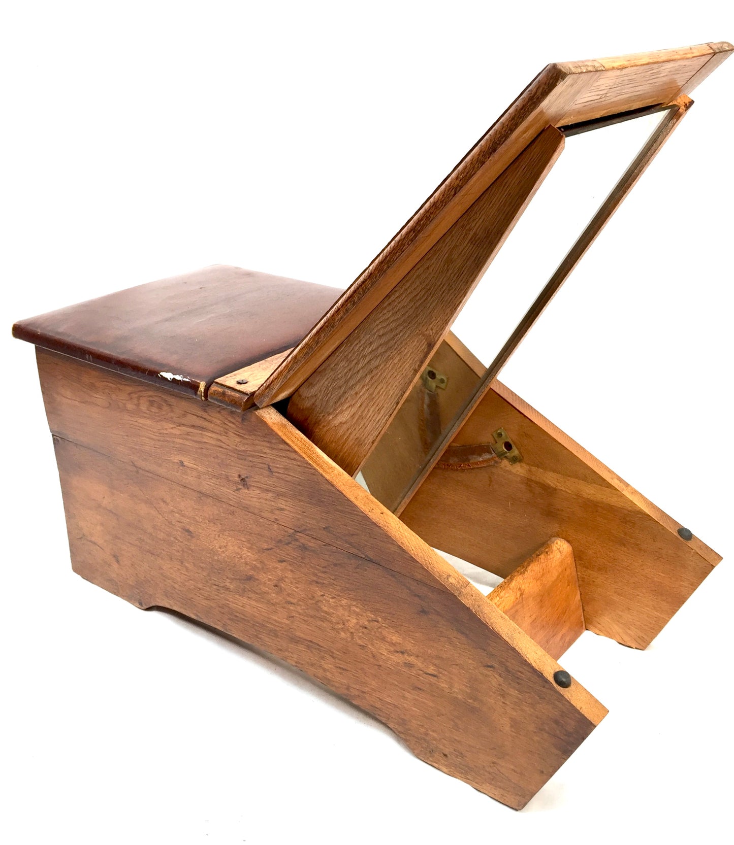 Antique Wooden Oak 1930s Shoe Shine / Shop Used Try On Seat / Box with Mirror