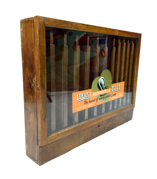Antique Advertising Lumax Car Light Bulb Wooden & Glass Shop Garage Wall Cabinet