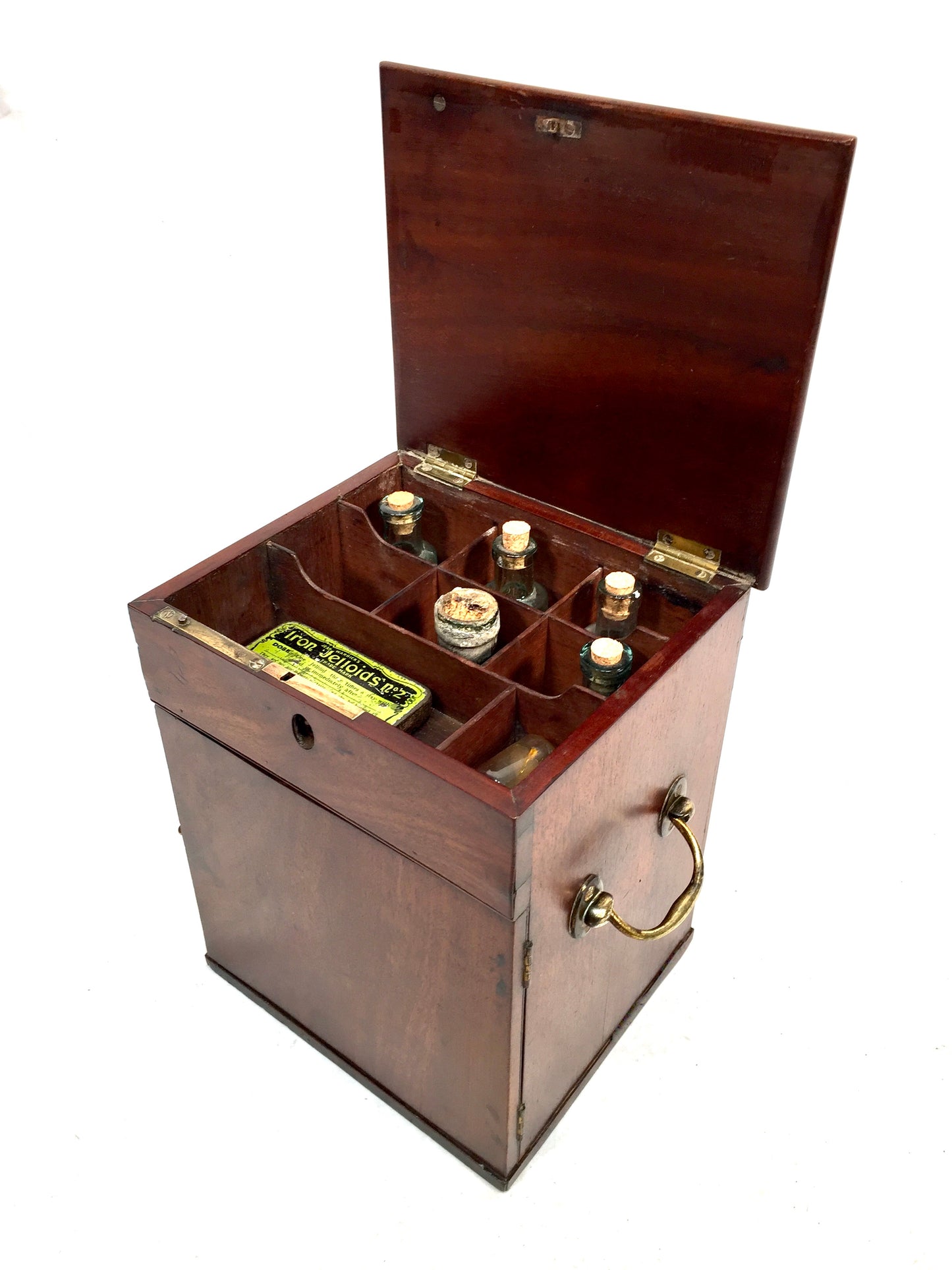 Antique Mahogany Apothecary Box / Cabinet With Glass Medicine Bottles c.1880