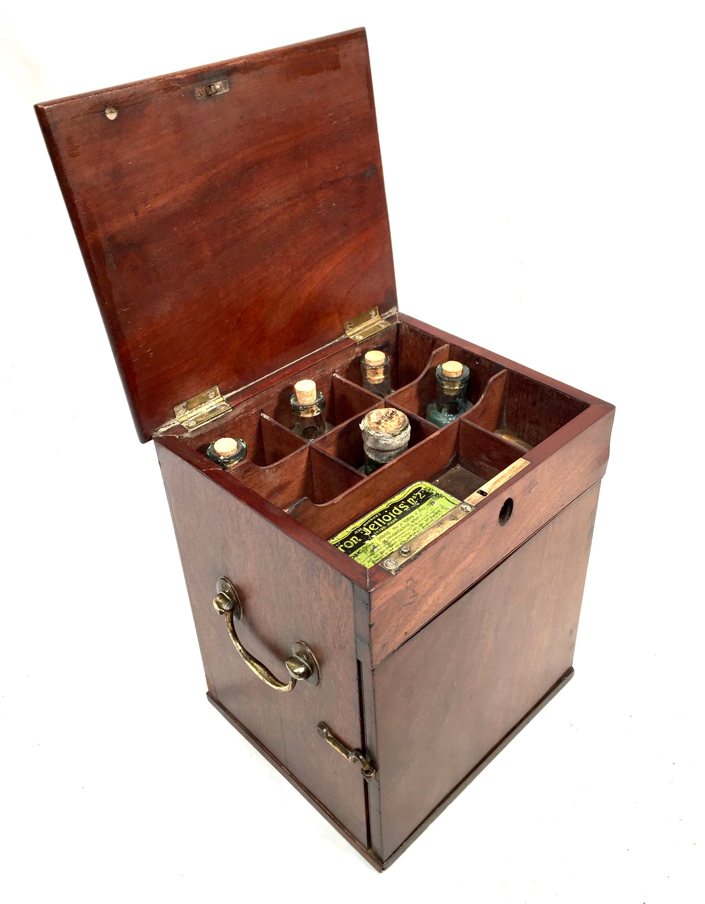Antique Mahogany Apothecary Box / Cabinet With Glass Medicine Bottles c.1880