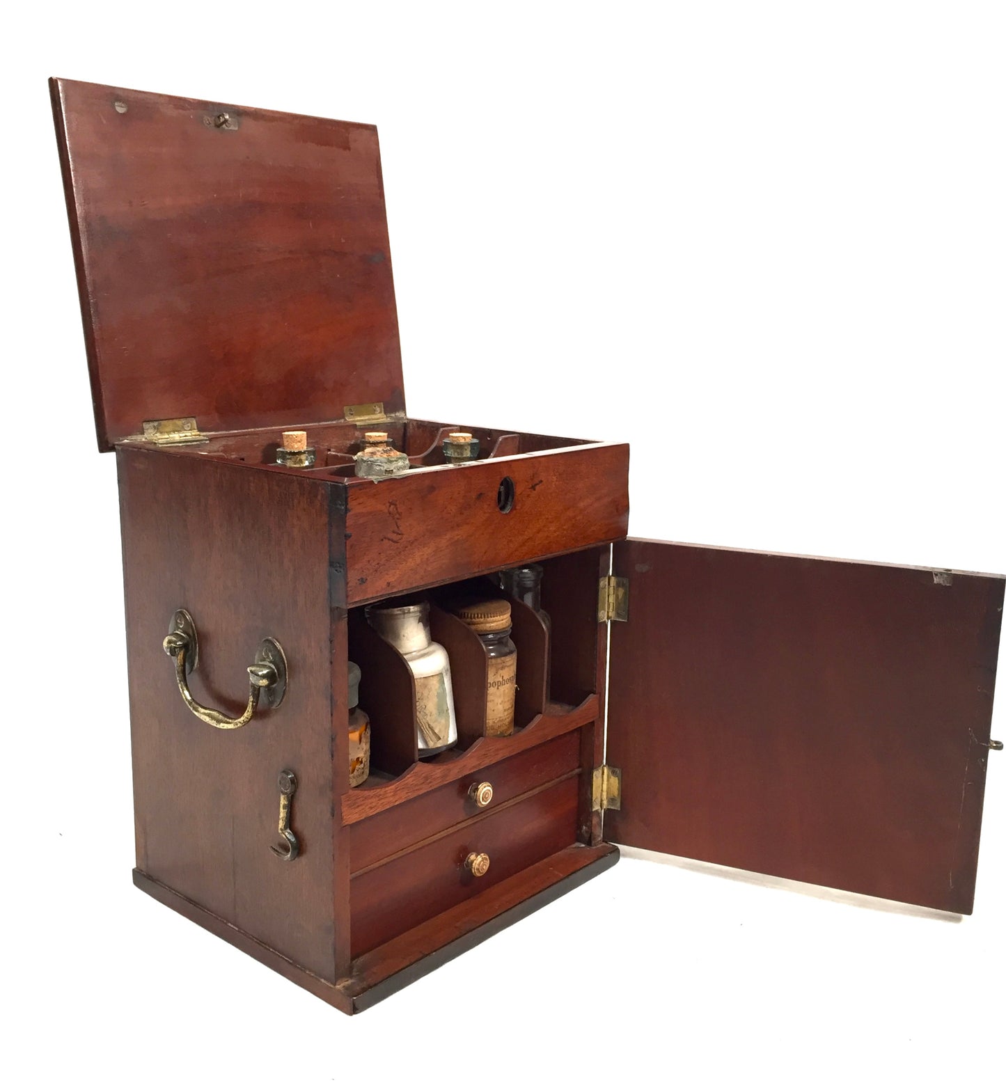 Antique Mahogany Apothecary Box / Cabinet With Glass Medicine Bottles c.1880