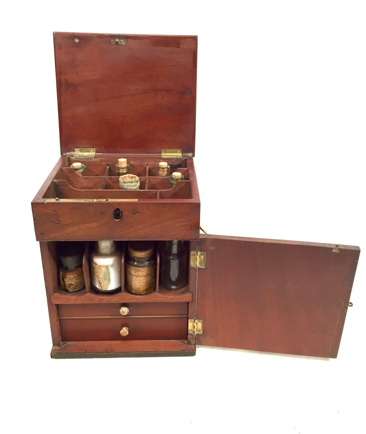 Antique Mahogany Apothecary Box / Cabinet With Glass Medicine Bottles c.1880