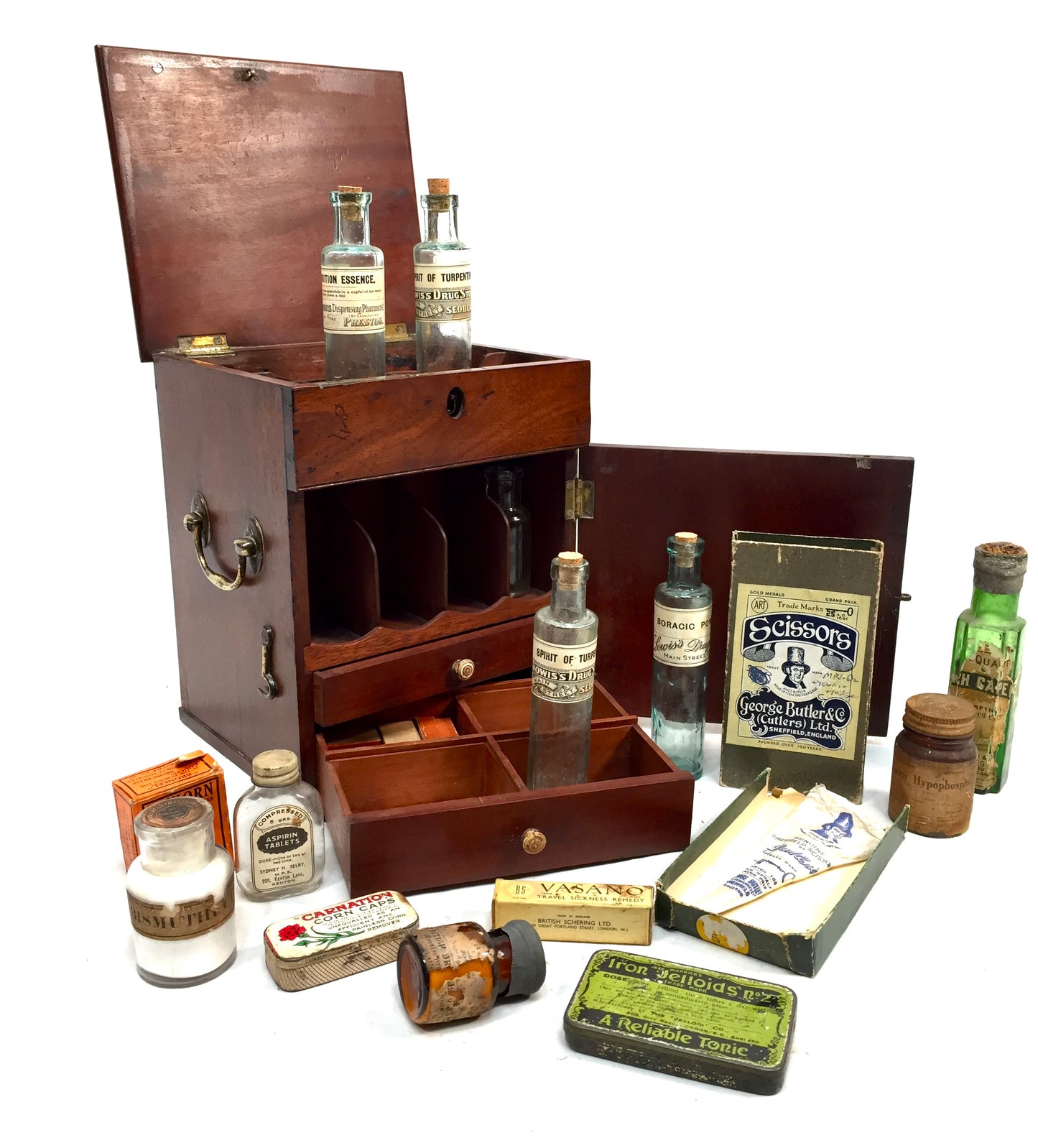 Antique Mahogany Apothecary Box / Cabinet With Glass Medicine Bottles c.1880
