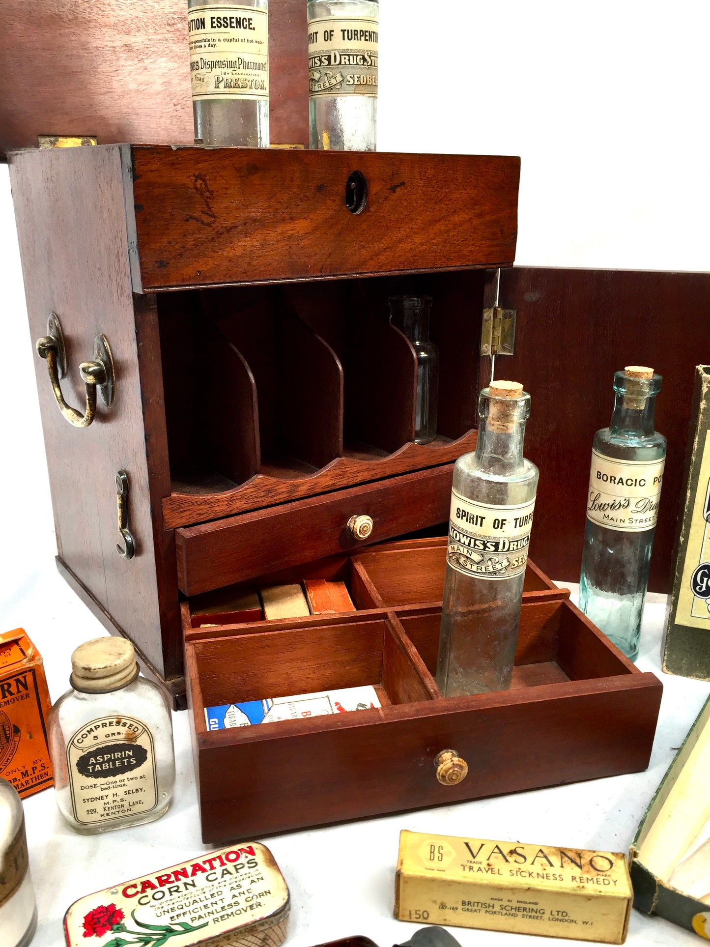 Antique Mahogany Apothecary Box / Cabinet With Glass Medicine Bottles c.1880