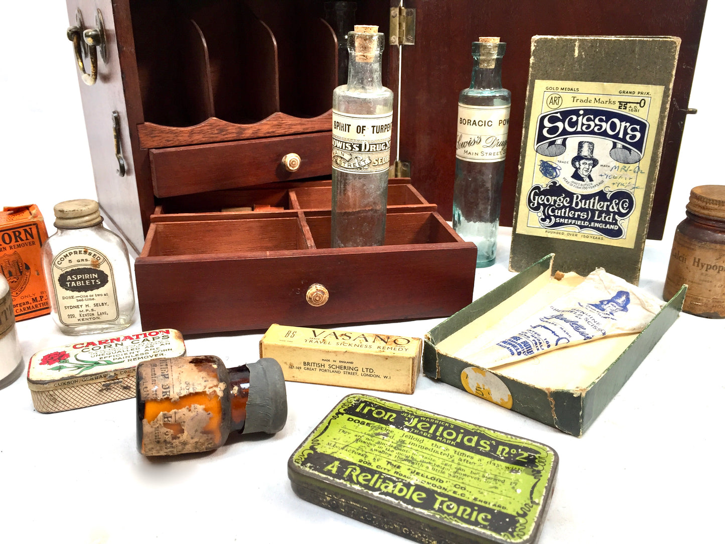 Antique Mahogany Apothecary Box / Cabinet With Glass Medicine Bottles c.1880