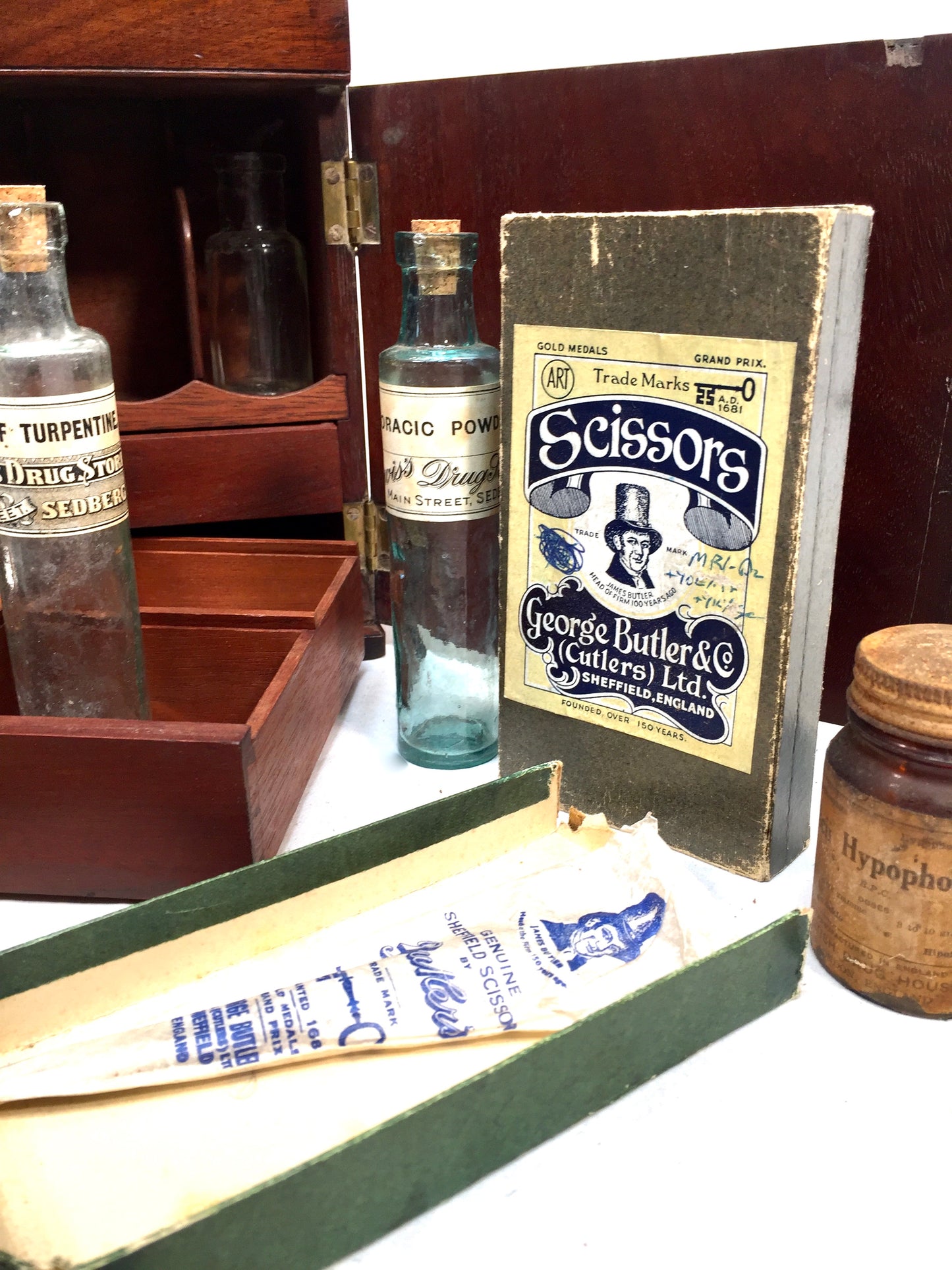Antique Mahogany Apothecary Box / Cabinet With Glass Medicine Bottles c.1880