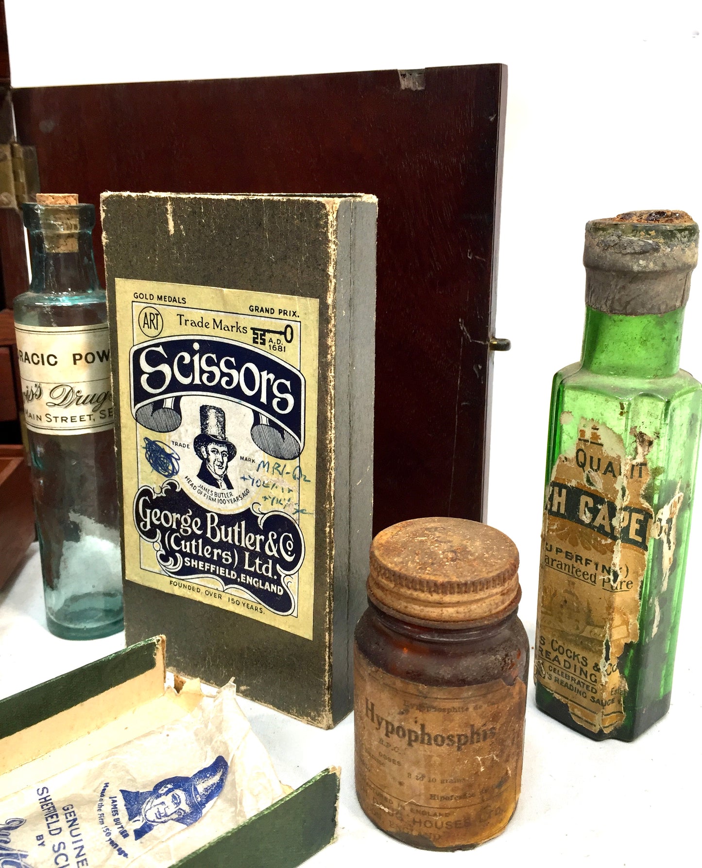 Antique Mahogany Apothecary Box / Cabinet With Glass Medicine Bottles c.1880