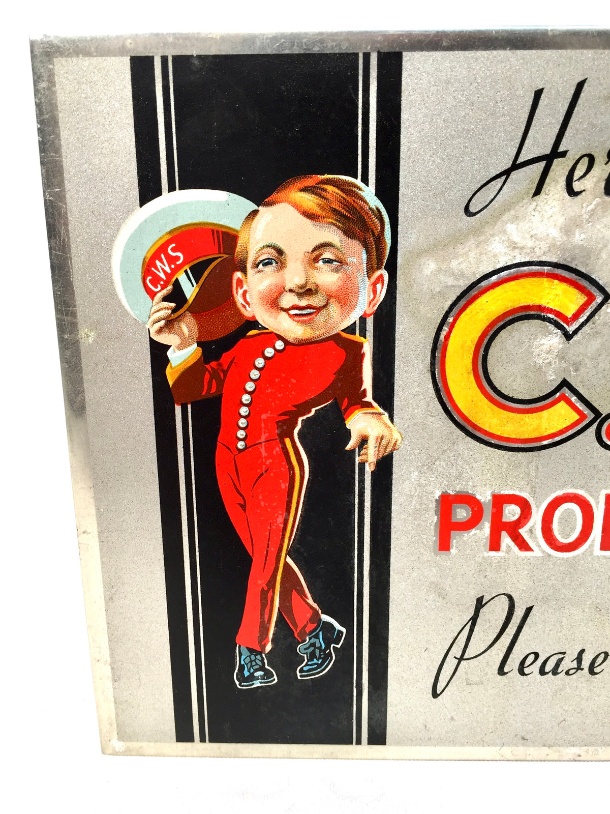 Antique Advertising 1930s CWS Biscuit Bellboy Art Deco Tin Shop Sign / Showcard