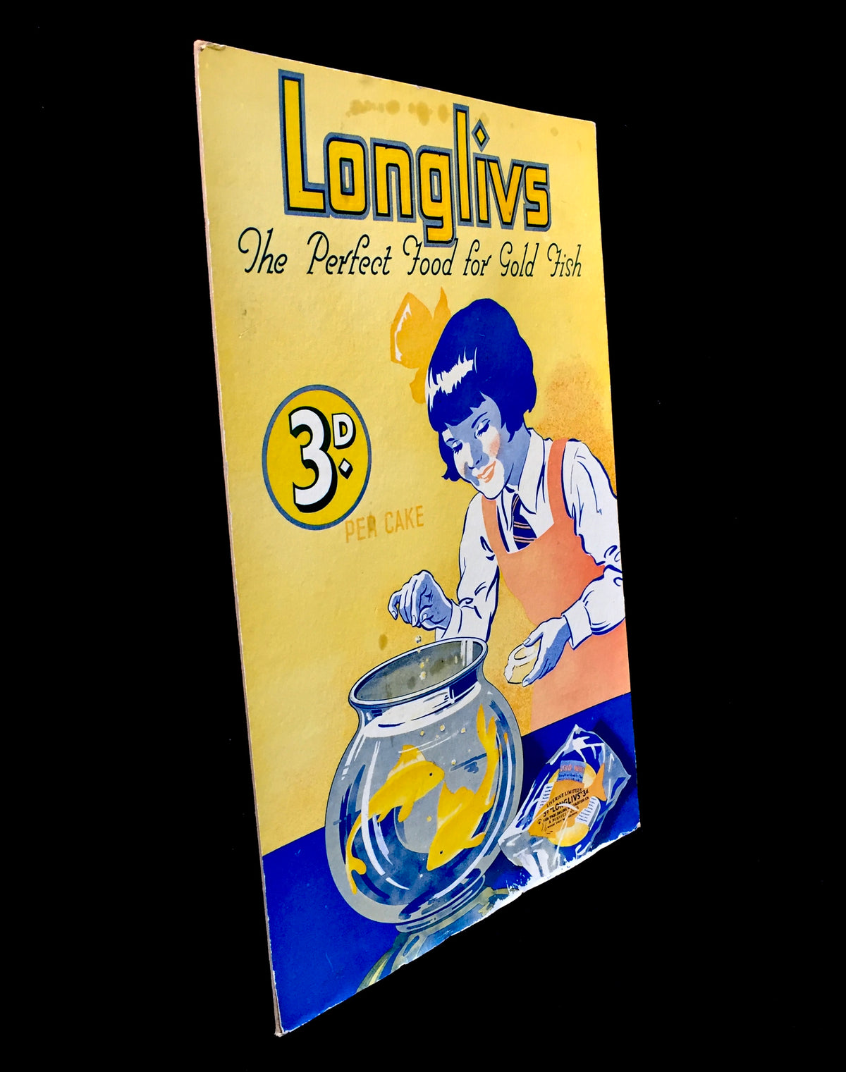 Antique Advertising Shop Display Promotional Showcard for Longlivs Fish Food
