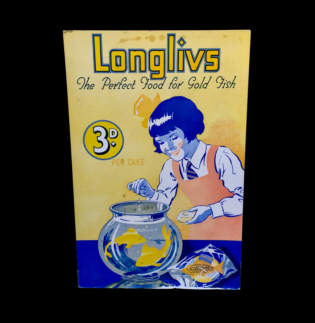 Antique Advertising Shop Display Promotional Showcard for Longlivs Fish Food