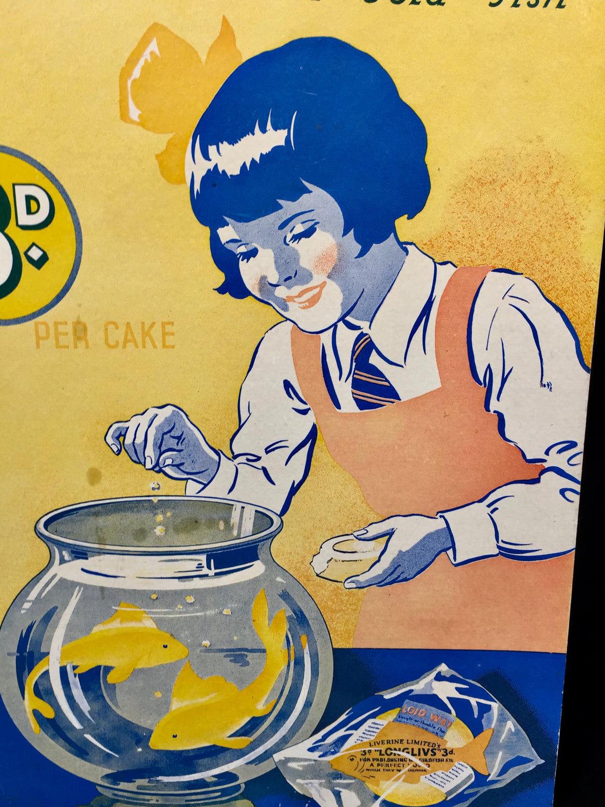 Antique Advertising Shop Display Promotional Showcard for Longlivs Fish Food