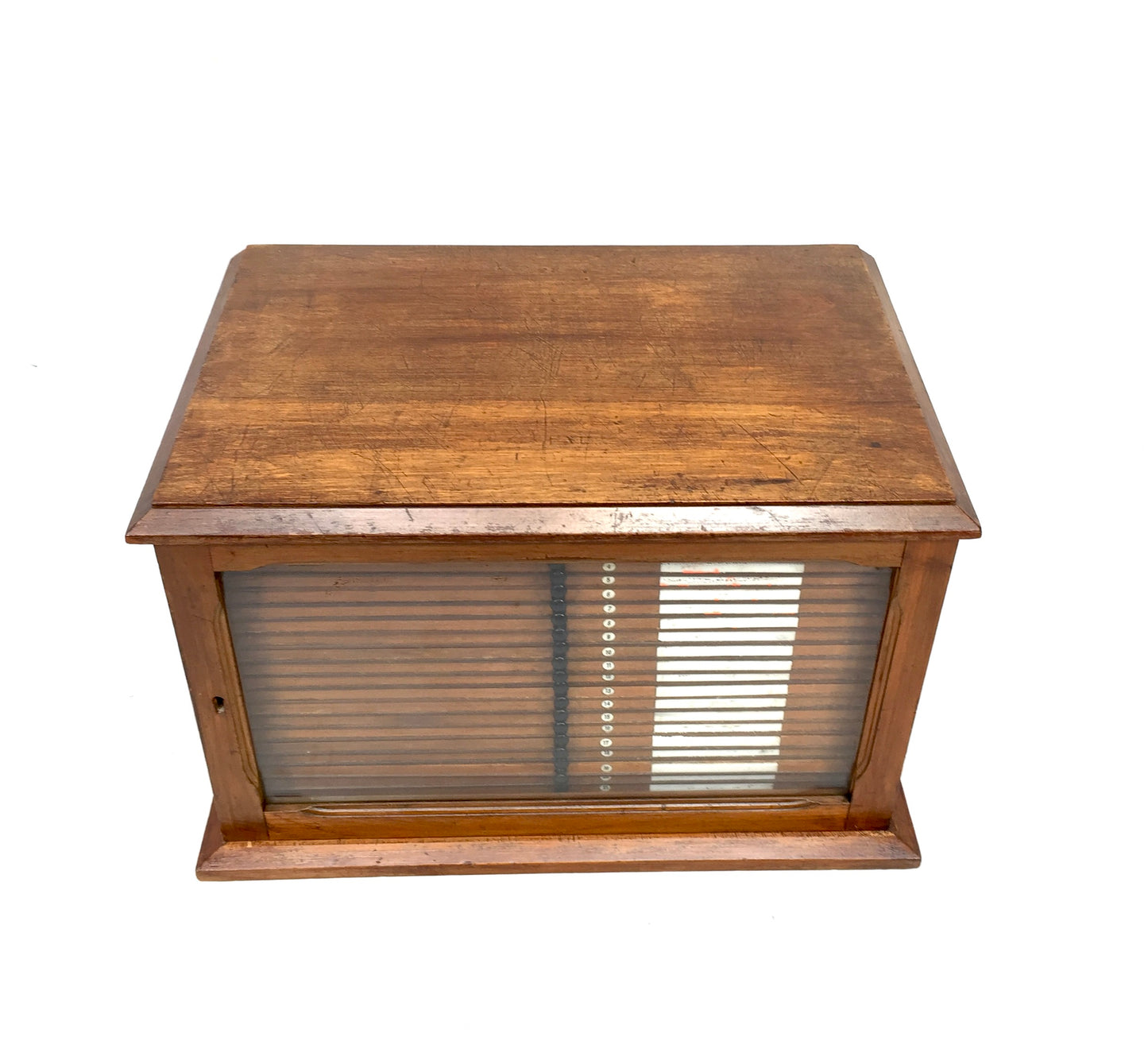Antique Wooden & Glazed Fronted Tabletop Microscope Slide Collectors Cabinet Box