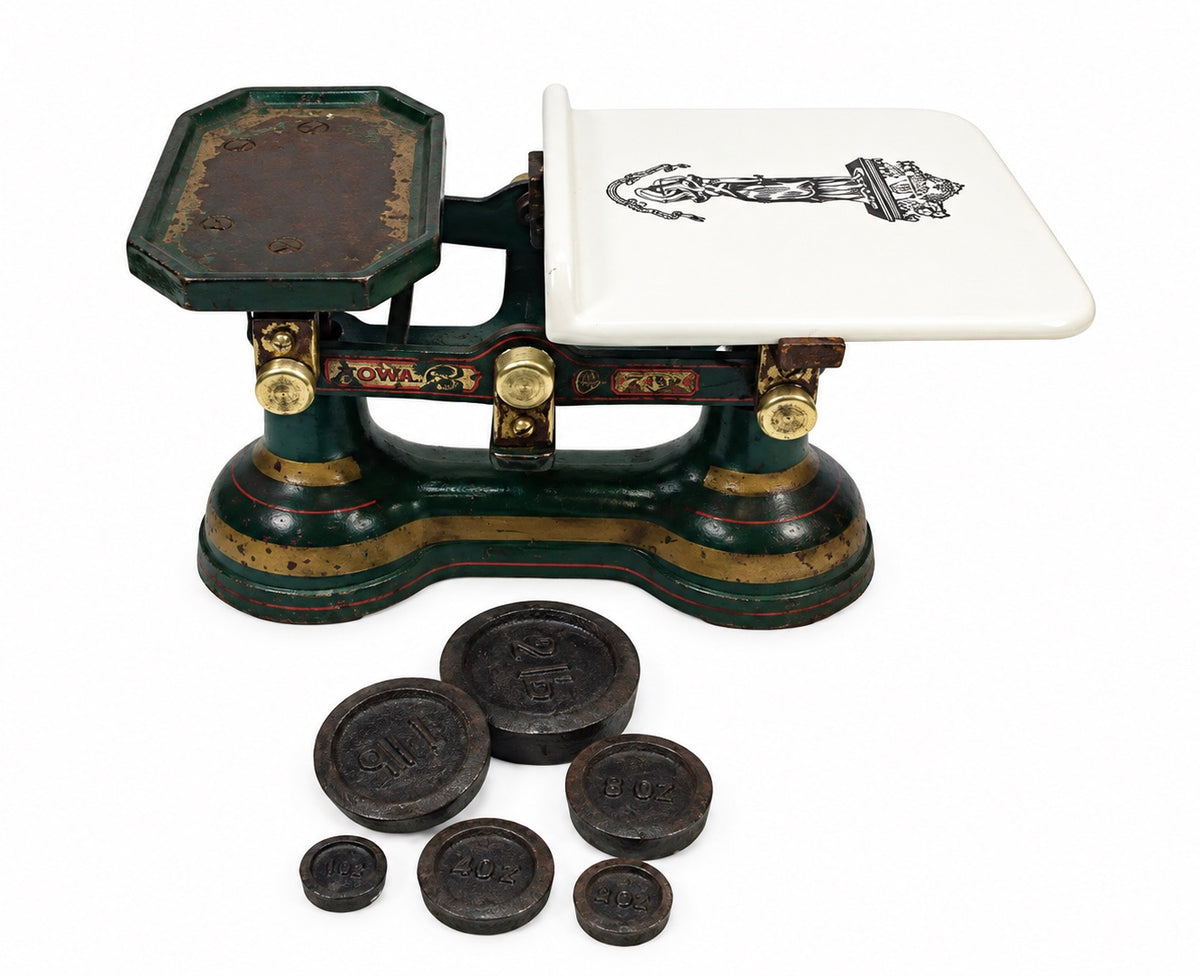 Antique Victorian Cast Iron Shop Scales with "Lady of Justice" Porcelain Plate
