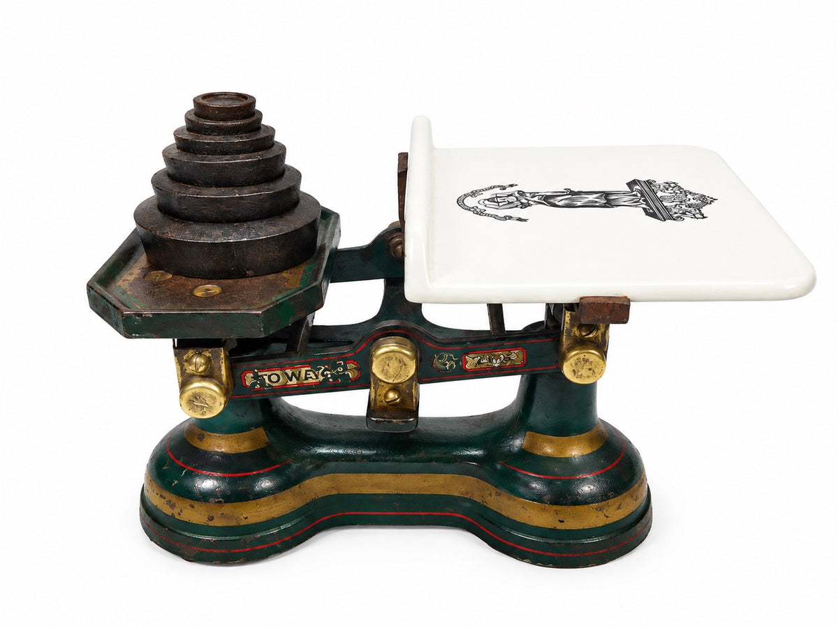 Antique Victorian Cast Iron Shop Scales with "Lady of Justice" Porcelain Plate
