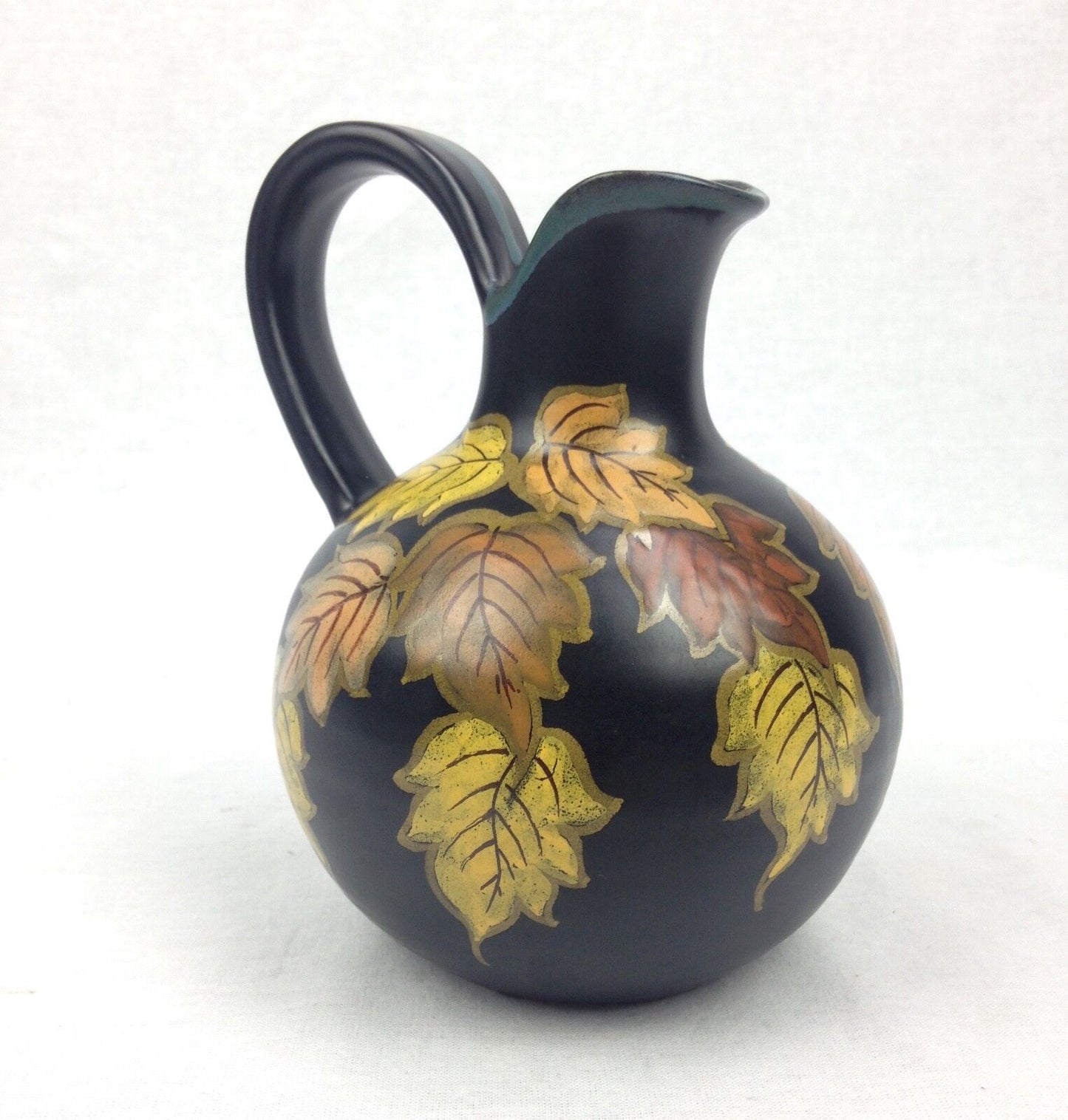 Gouda Pottery Vase Jug 1930's / 40's Black - Yellow - Orange Leaf Design Dutch