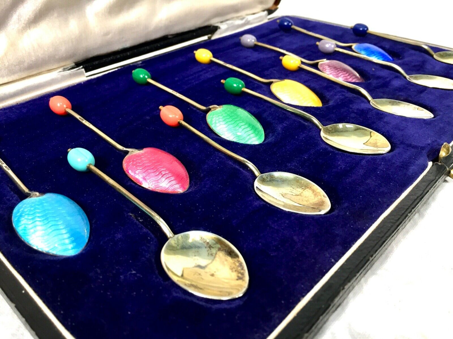 Antique Sterling Silver & Enamel Spoon set by Turner & Simpson Boxed / Art Deco
