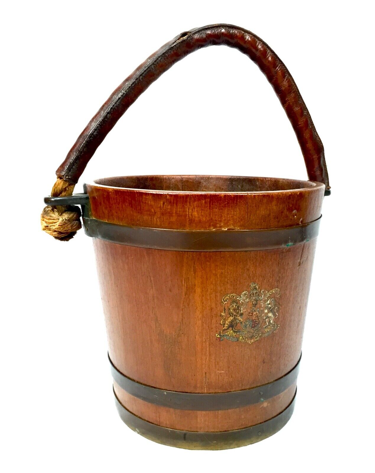 Antique Oak Brass Bound Ships Bucket with Crest & Original Leather Handle c.1900