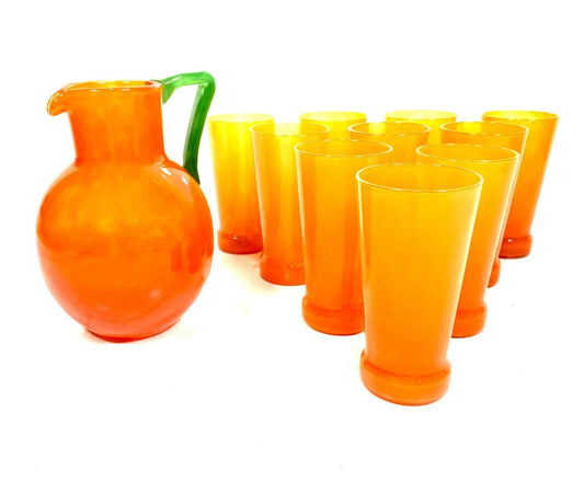 Art Deco Charles Schneider Orange Tango Glass Lemonade Jug & Tumbler Set Antique