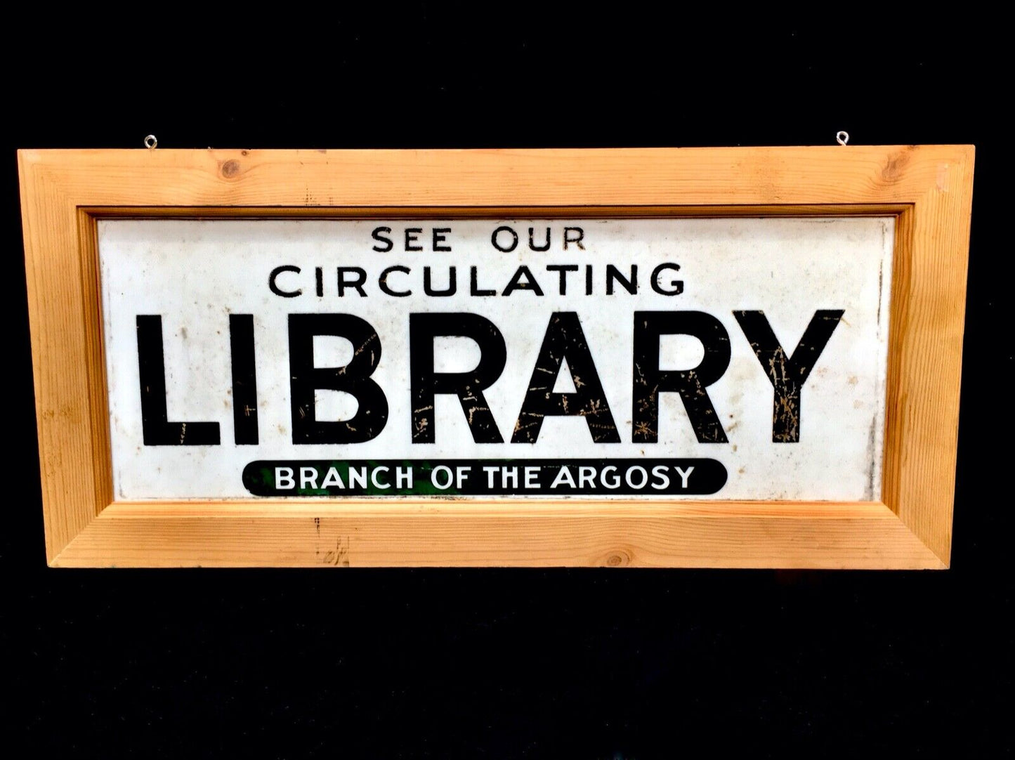 Antique Sign - Library Branch of The Argosy Framed White Glass Panel / Salvaged
