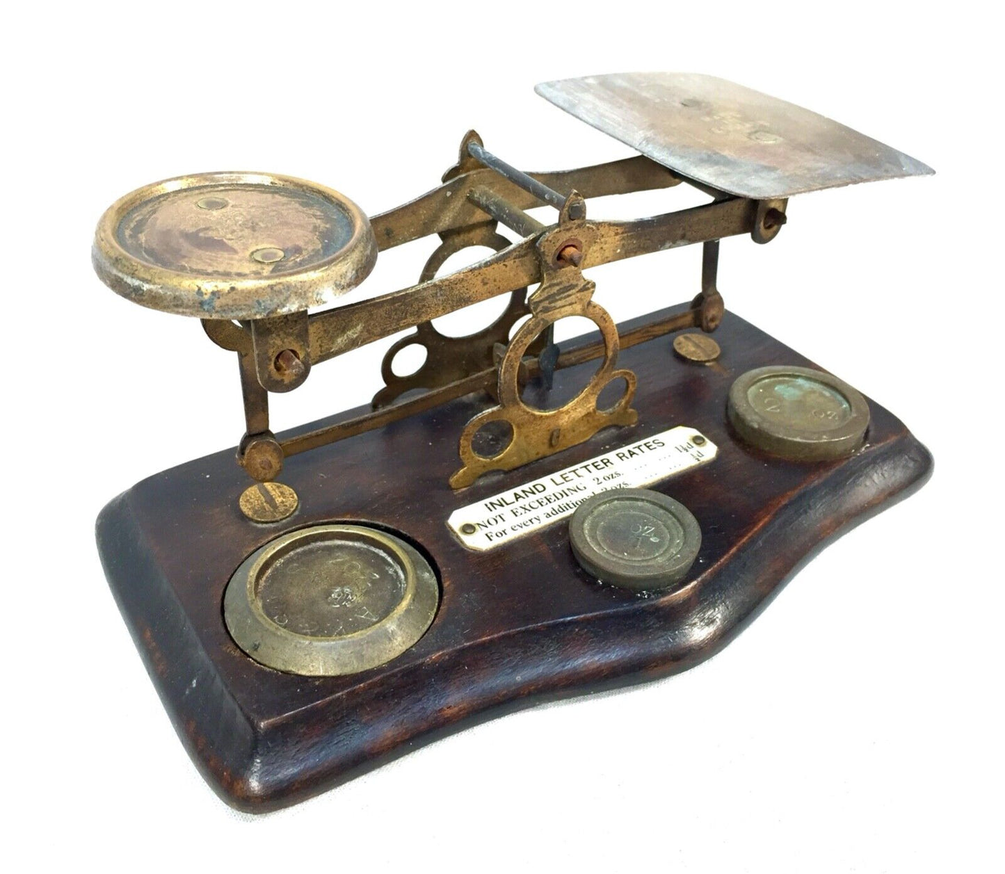 Antique Brass Postal Letter Scales on Wooden Oak Base / Weights / c.1900