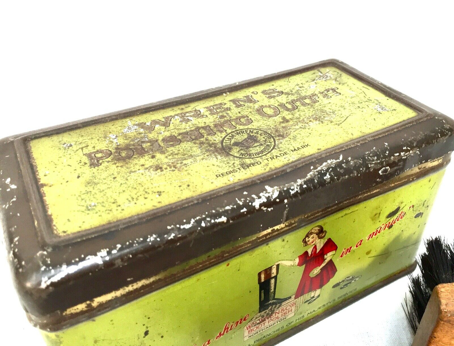 Antique Advertising - Wren's Shoe Polish Tin & Contents / Brush & Wax