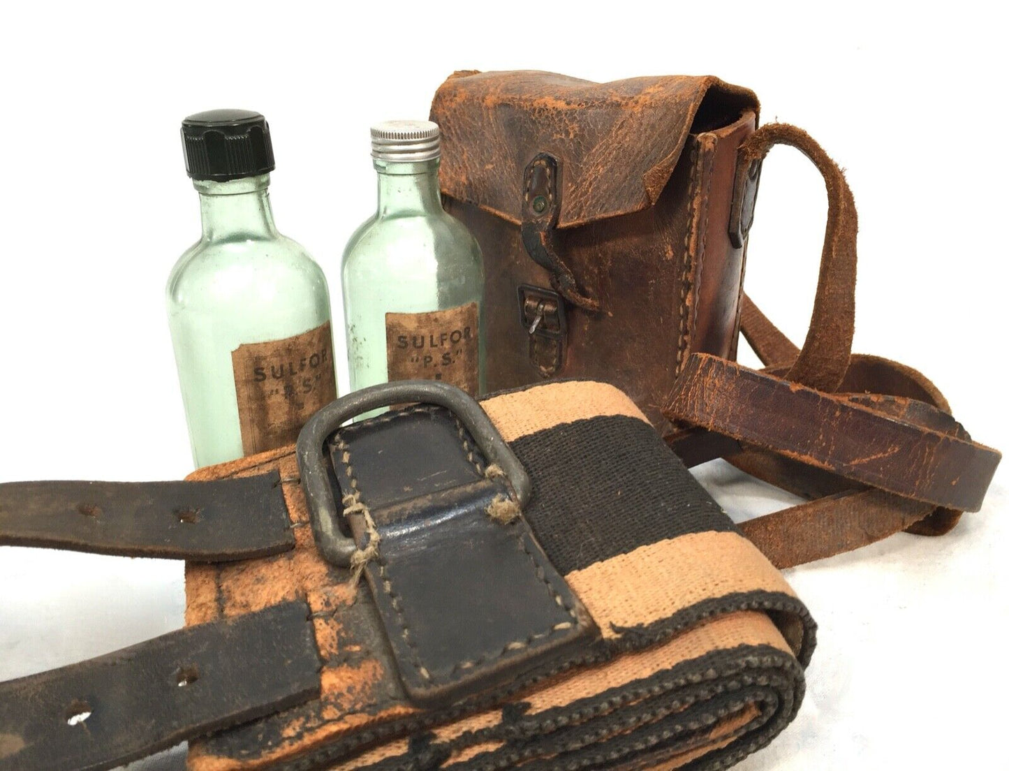 Antique Firefighters Belt & Leather Pouch Bag With Glass Apothecary Bottles
