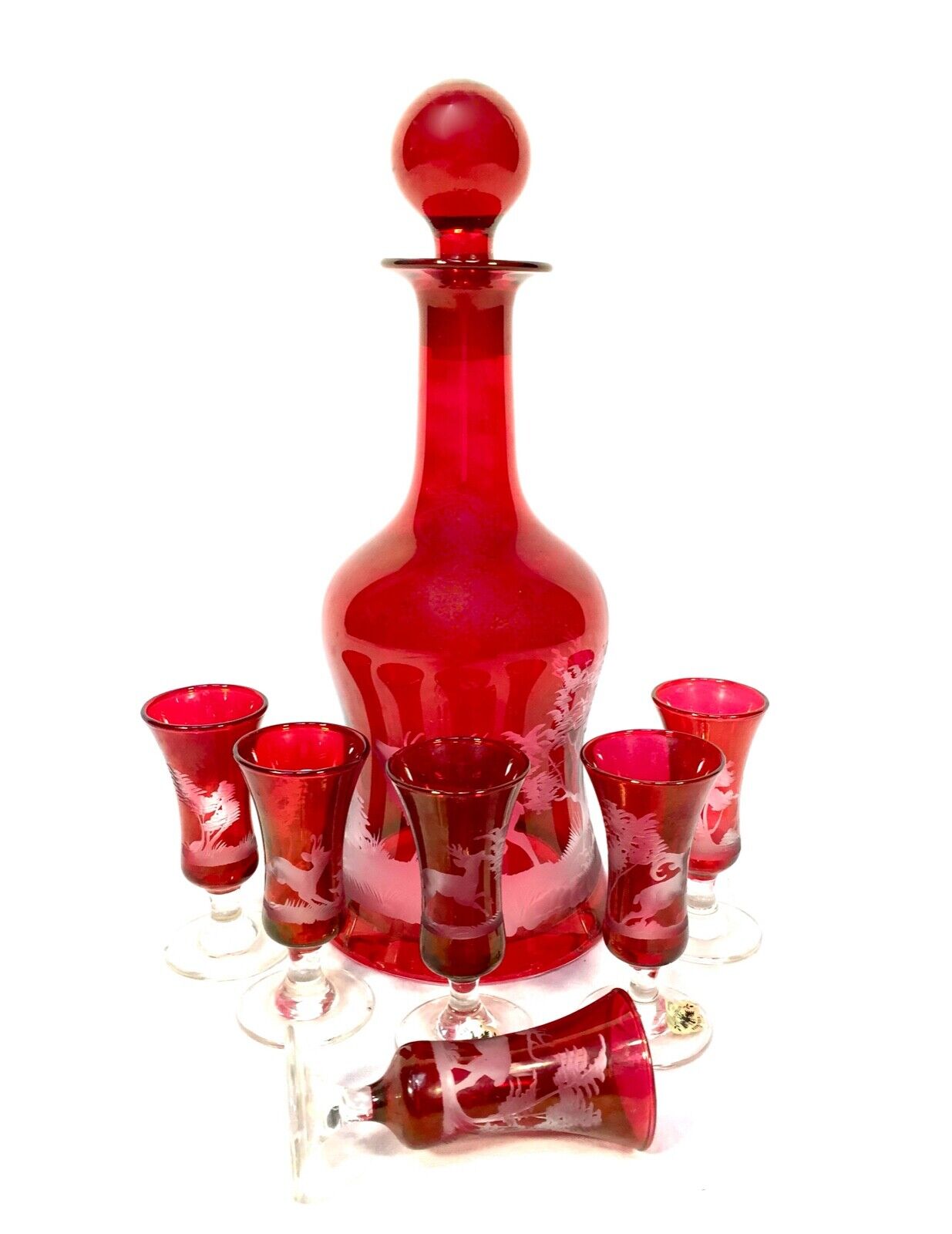 Vintage Kisslinger Ruby Red Glass Decanter Set / Austrian Antique / Liquor