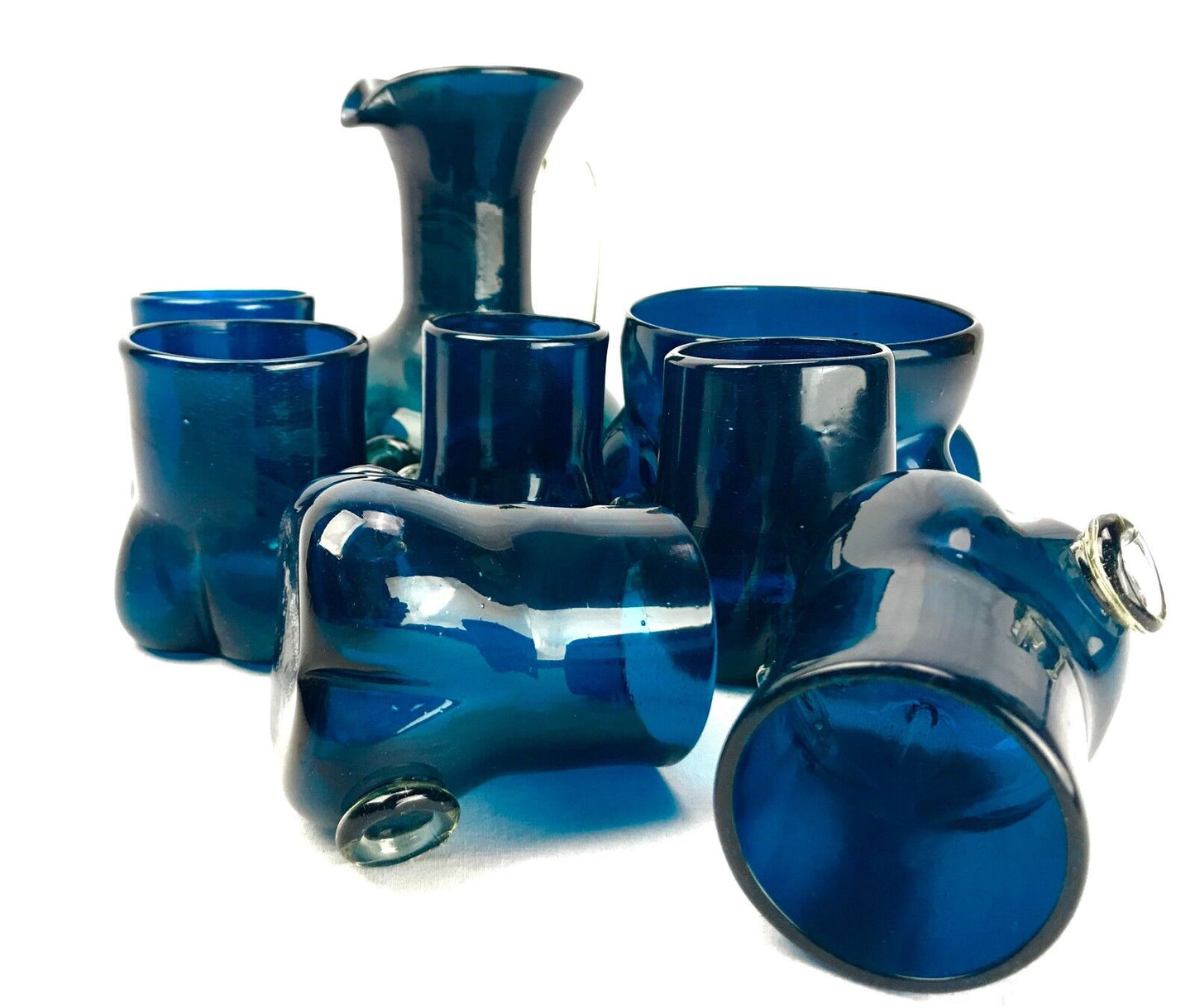 Italian Art Glass Lemonade Set / Jug & Glasses / Blue Hand Blown / REDUCED