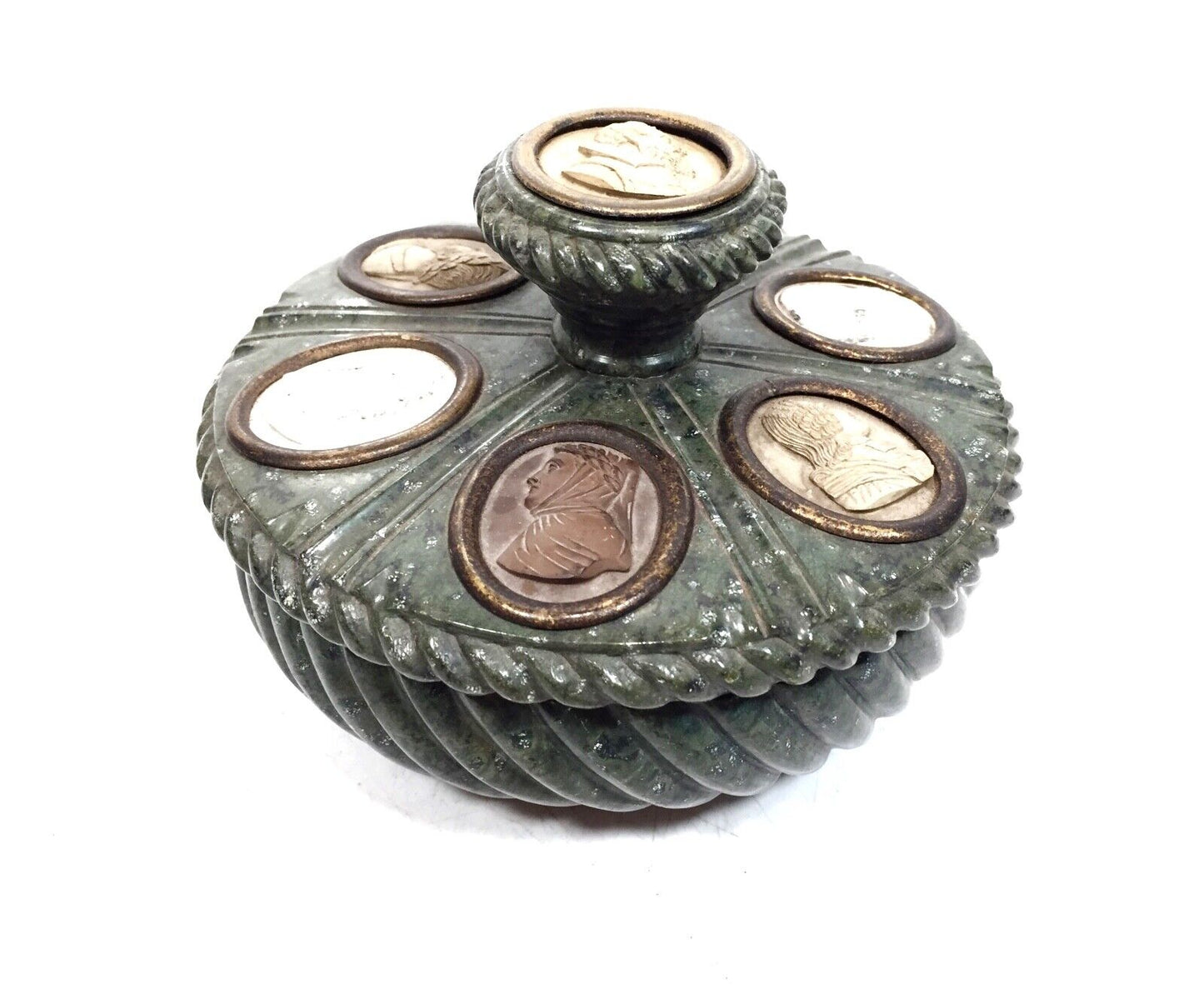 Italian Green Serpentine Marble / Stone Antique Grand Tour Inkwell / Ink Stand