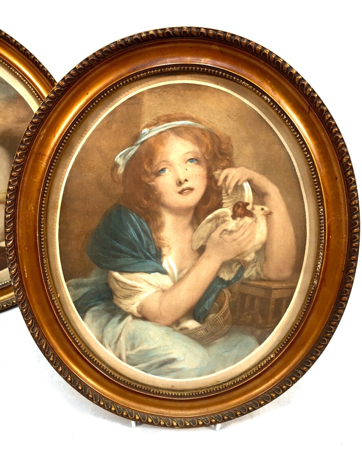 Antique Pair of Art Painting Prints on Board by Jean Baptiste Greuze / Framed