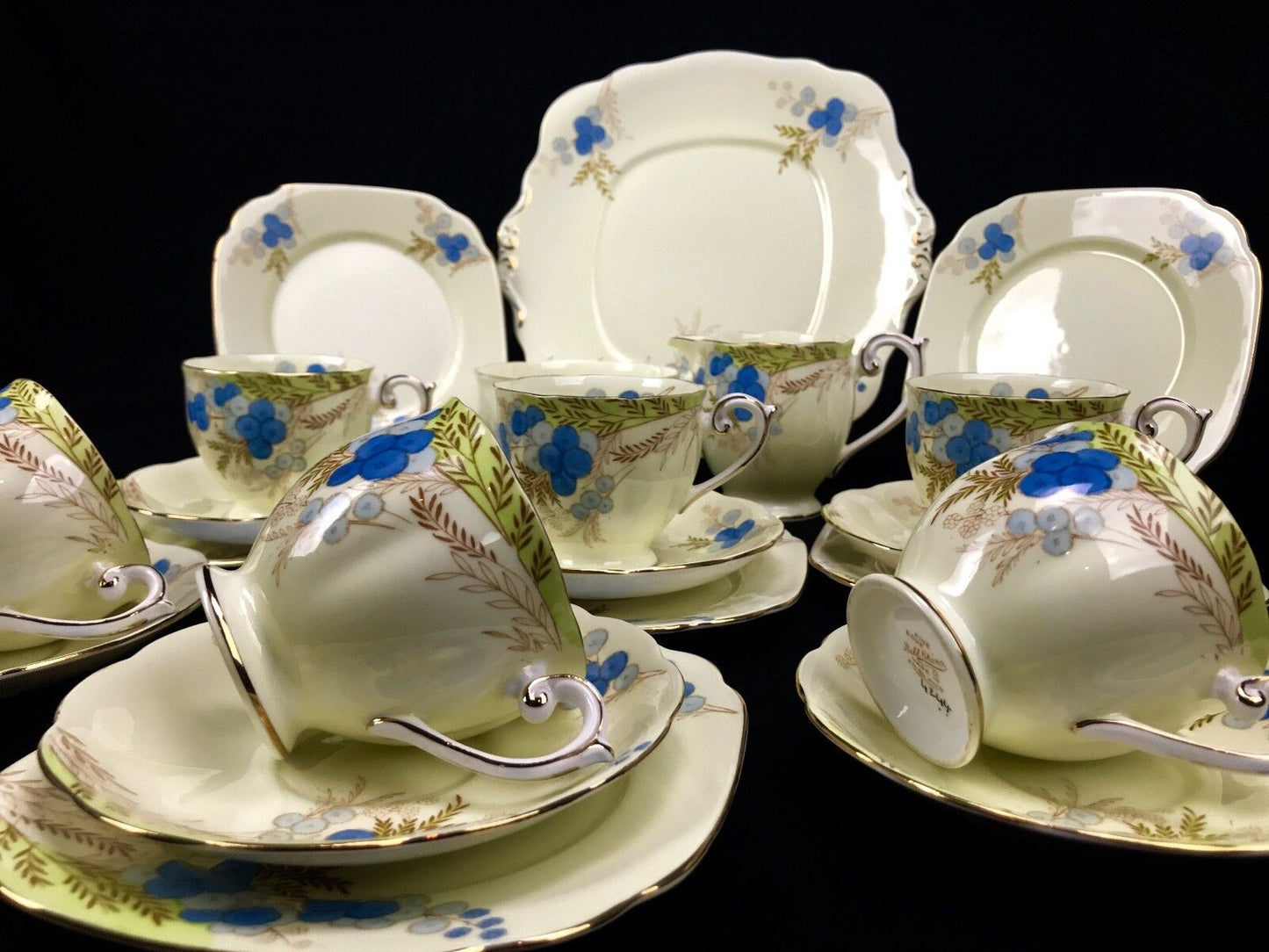 Vintage Bell China Tea Set for 6 People / 21 Piece / Blue And Cream 1940's