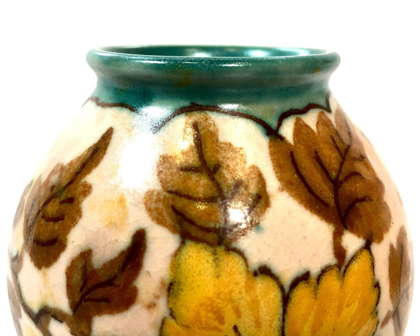 Antique Gouda Pottery Art Deco Dutch Vase / Pot / Cream & Yellow Floral / c1930