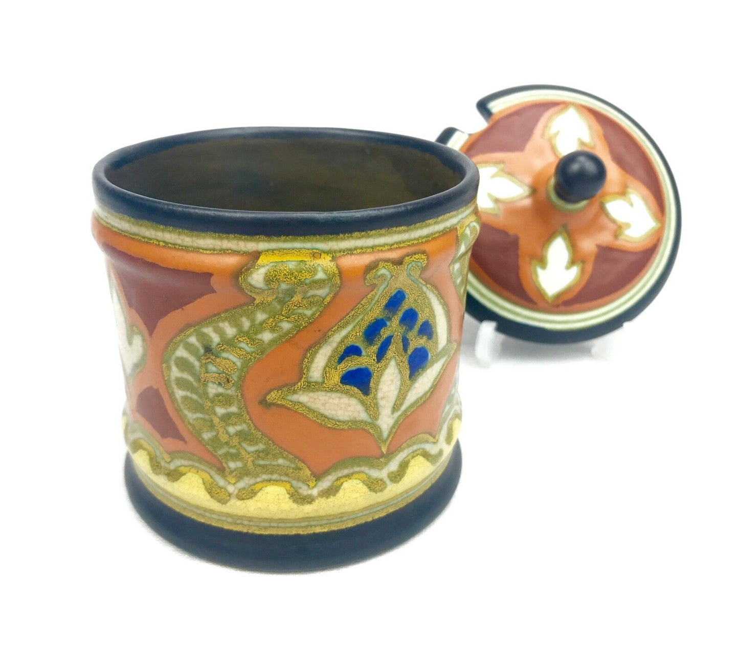 Gouda Pottery Condiment Jar / Vase / Pot / Art Deco / Orange / Brown / Blue