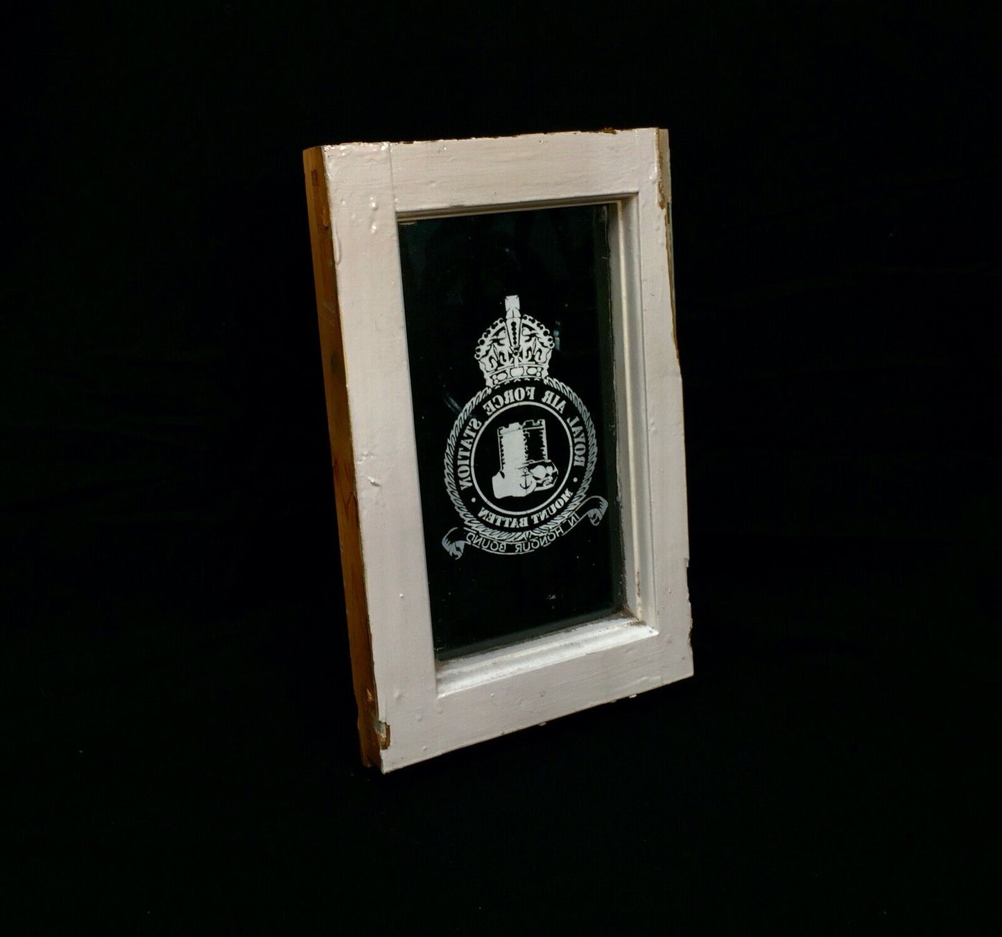 Antique Sign - RAF (Royal Air Force) Mount Batten Salvaged Glass Window in Frame
