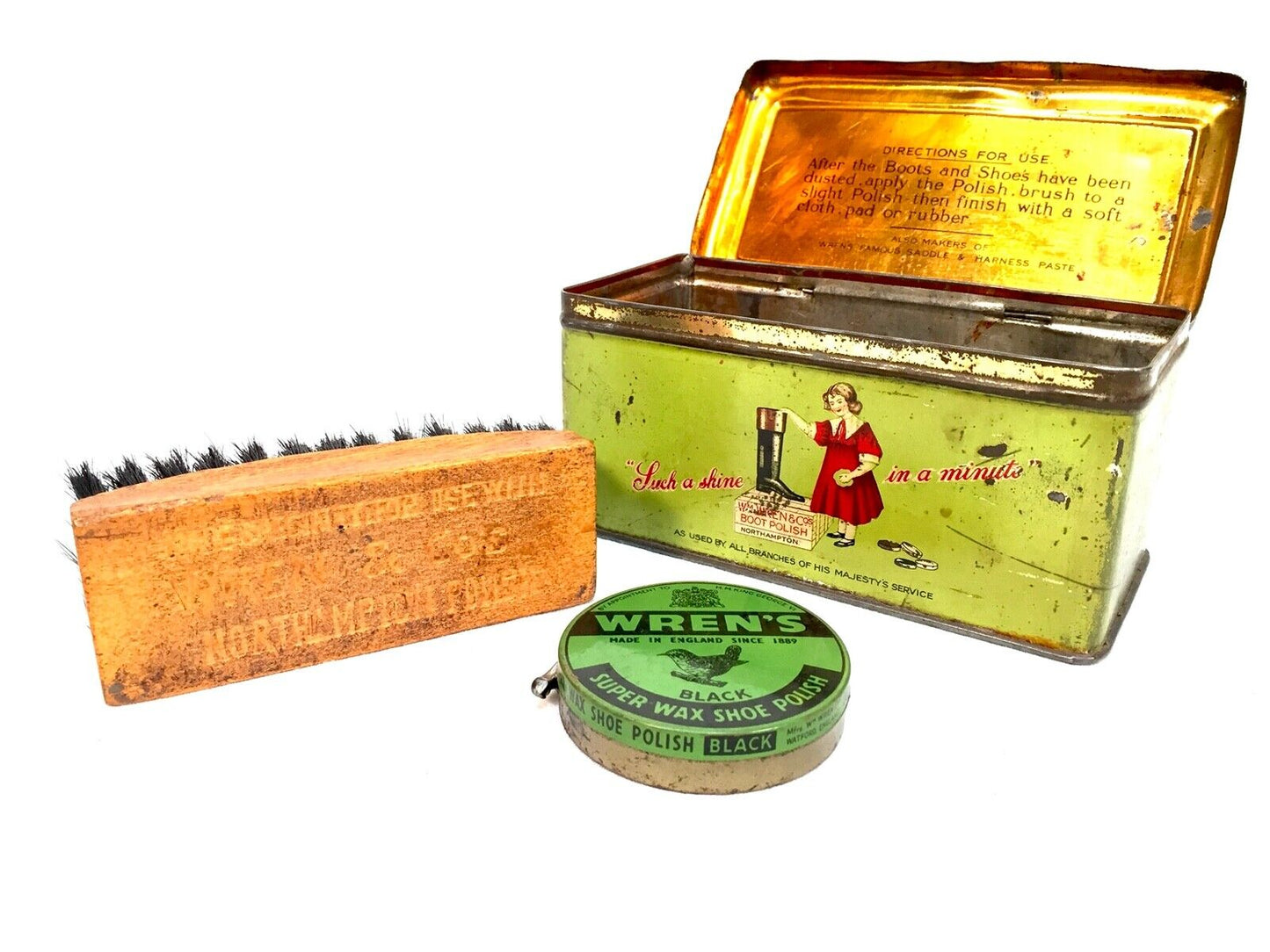 Antique Advertising - Wren's Shoe Polish Tin & Contents / Brush & Wax