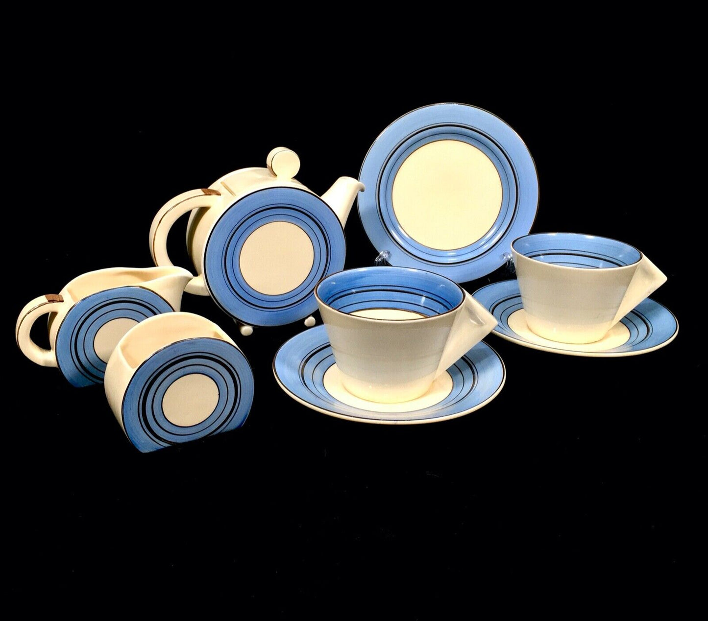 Clarice Cliff Pottery Bonjour Tea For Two Set / Teapot / Blue / c1933 / Art Deco