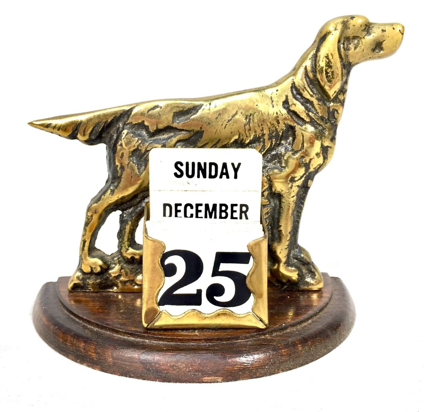 Antique 1940s Brass Dog Desktop Calendar on Oak Wooden Base / Stationery