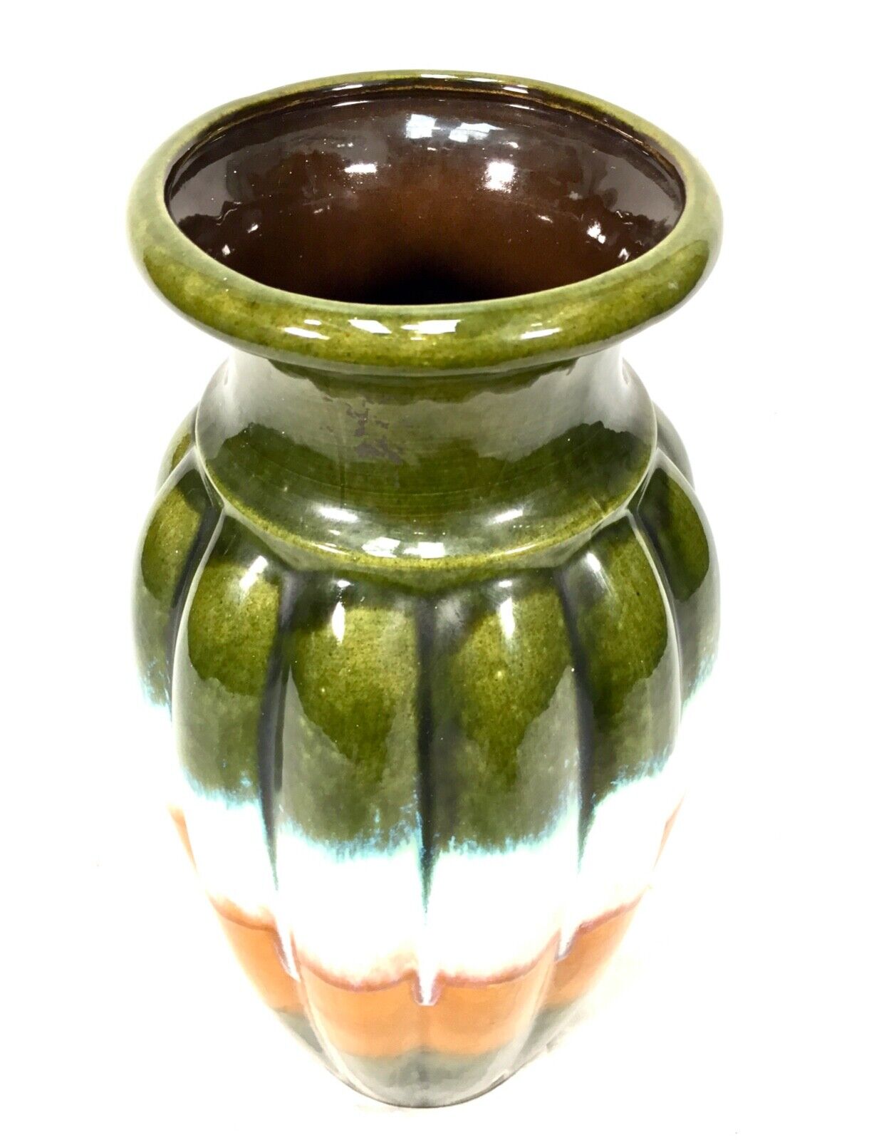Vintage West German Pottery Scheurich Fat Vase / Green / Orange / White / Large