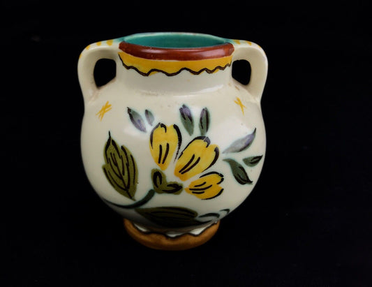 Gouda Pottery Vase / Pot / Double Handled 1950's Vintage / Cream / Yellow