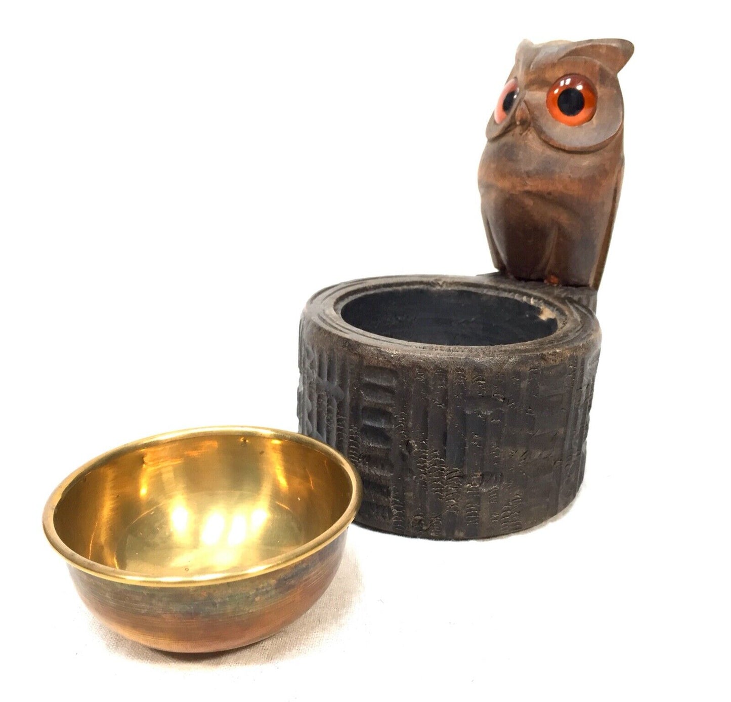 Antique Wooden Carved Owl & Brass Bowl Pin / Trinket Dish / Black Forest Style